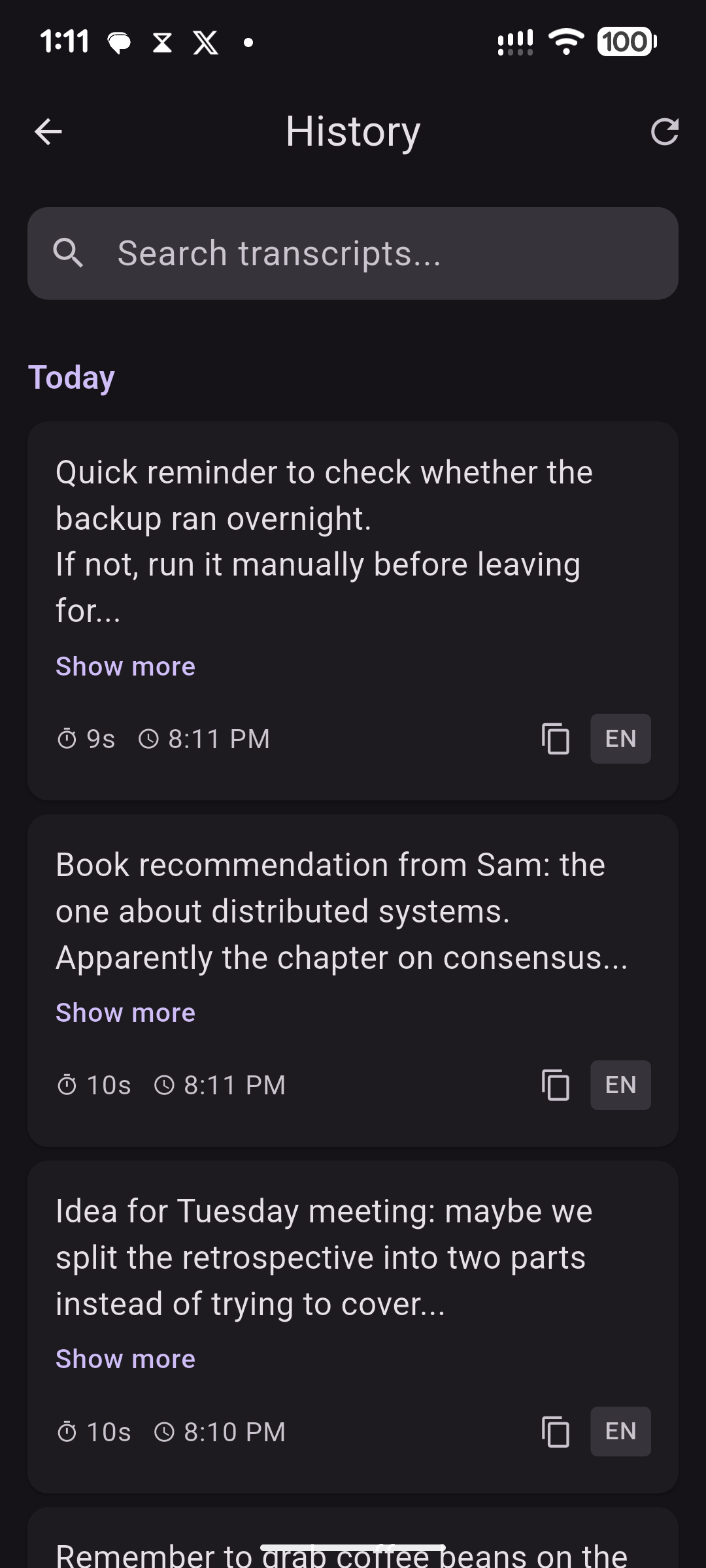 History screen with searchable list